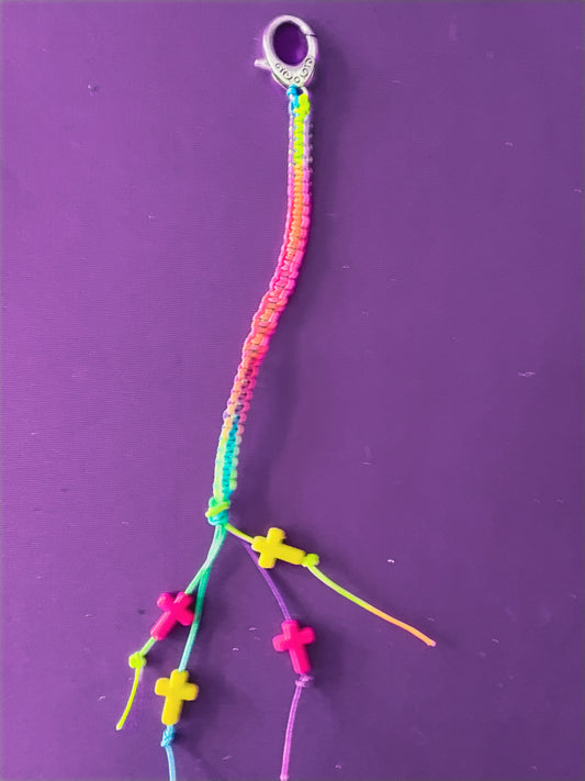 Rainbow macrame cross keychain
