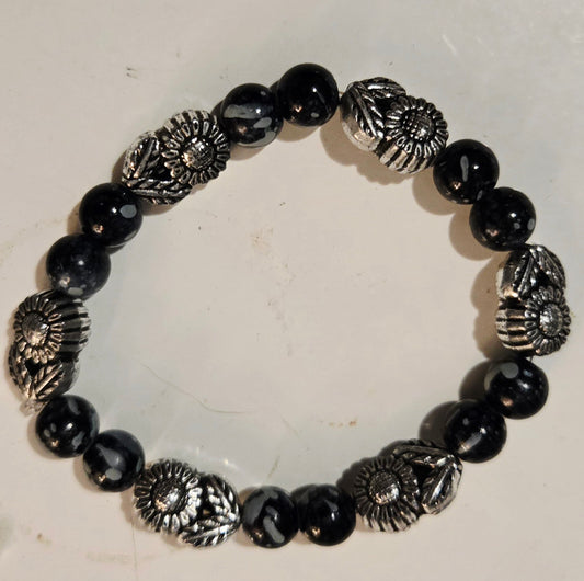Silver flowers with black and Grey beaded bracelet