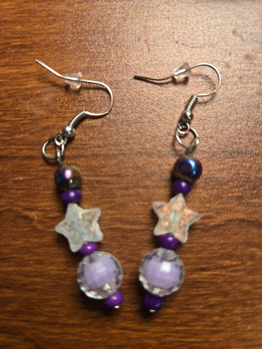 Hematite purple and glitter star beaded earrings