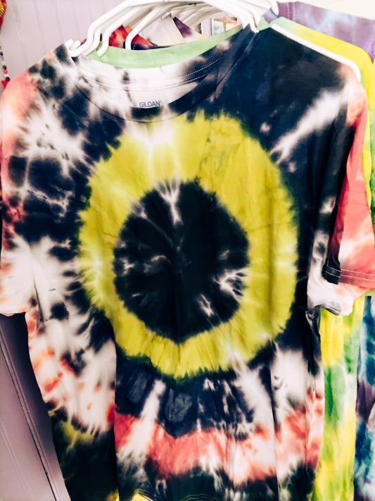 Large yellow red and black tie dyed tee shirt