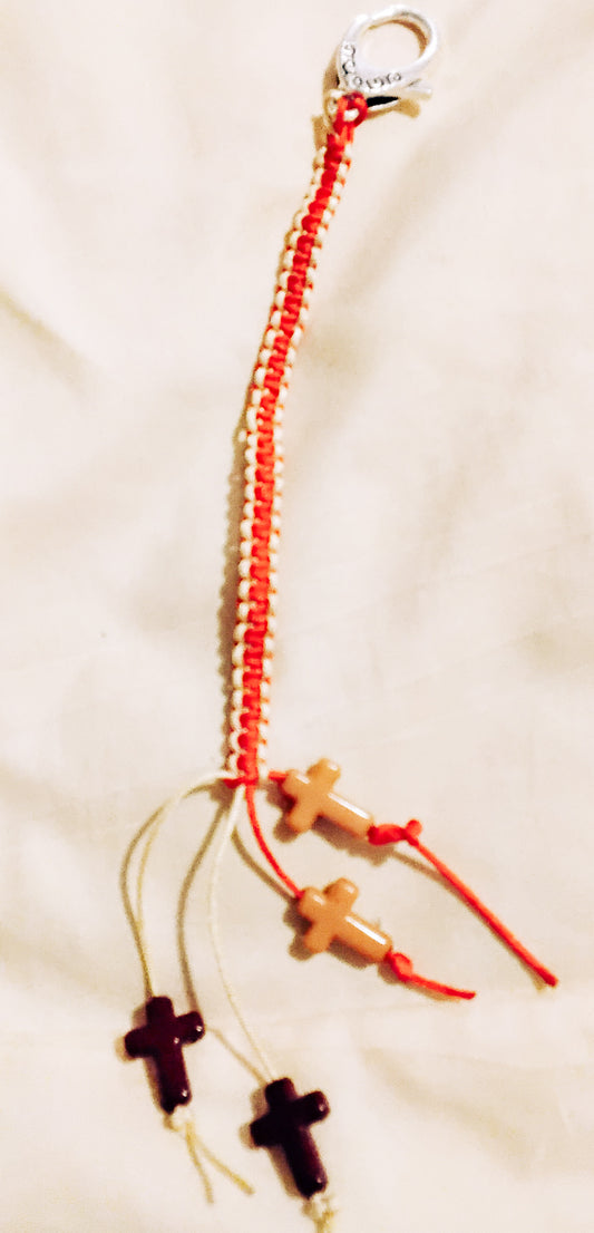 Red and cream cross macrame keychain