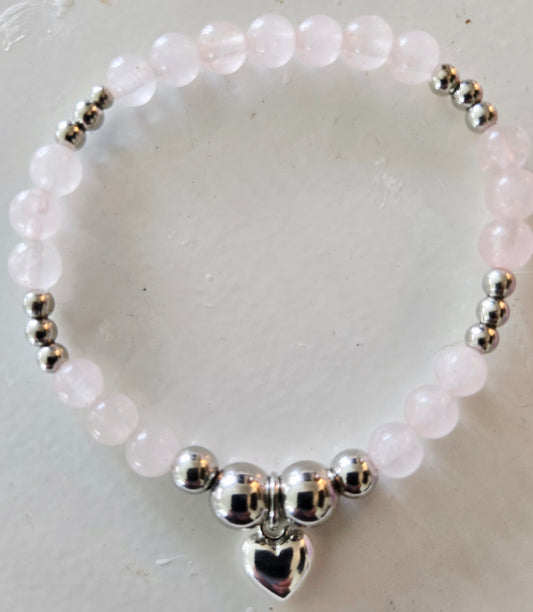 Rose quartz and silver beaded bracelet with heart charm