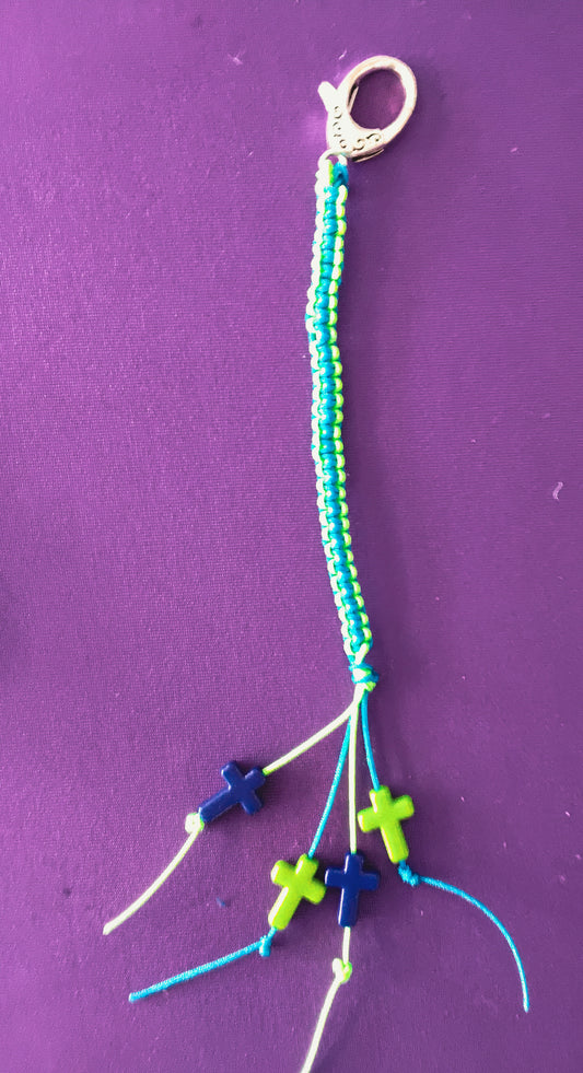 Blue and green macrame cross keychain