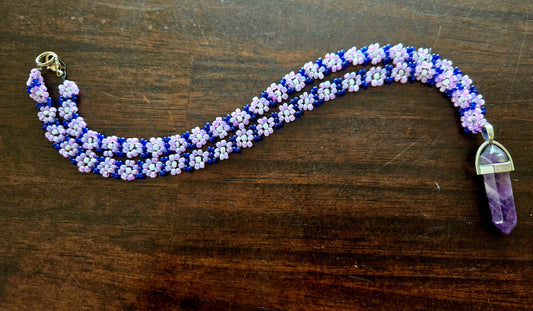 Purple and white daisy chain with matching crystal pendant