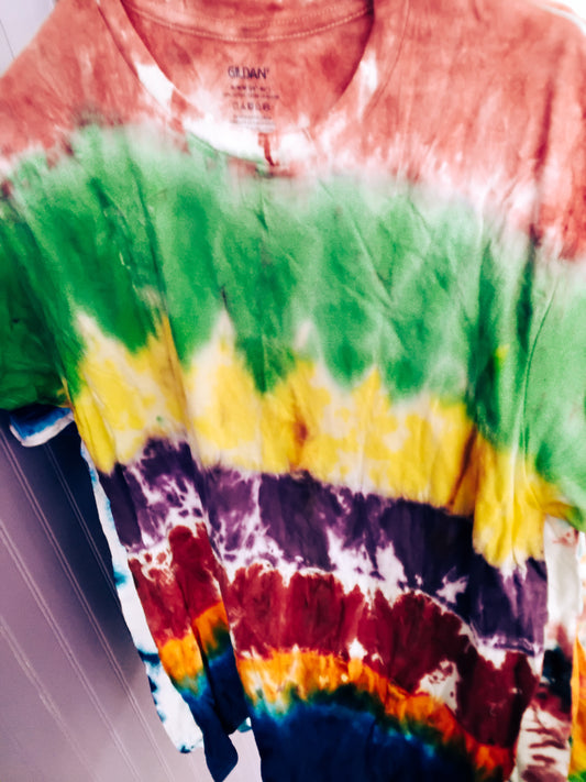 Medium rainbow colored tie dyed tee shirt