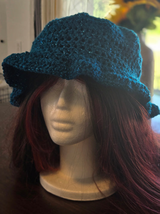 Blue sparkling boho crocheted hat