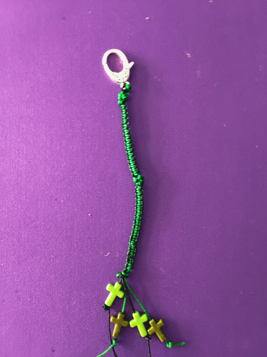 Green and black macrame cross keychain