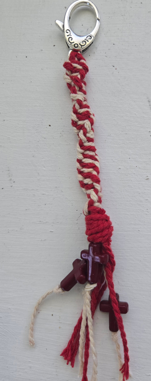 Red and cream spiral macrame keychain with cross charms