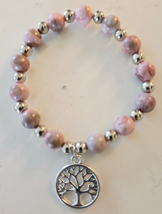 Pink Zebra Jade bracelet with tree of life pendant