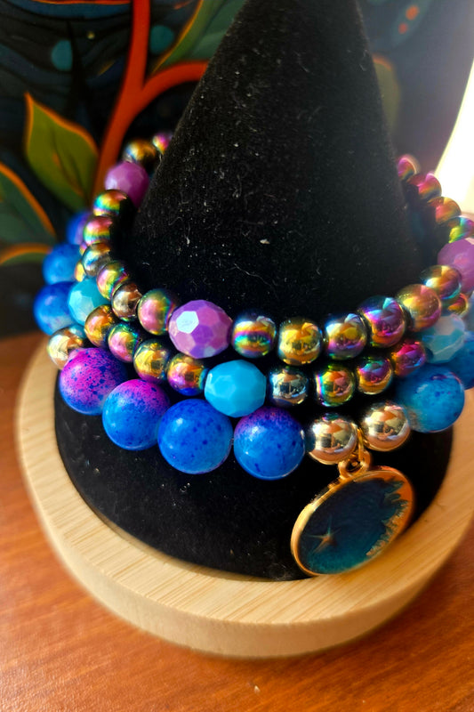 Blue and purple beaded hematite bracelet set with moon pendant
