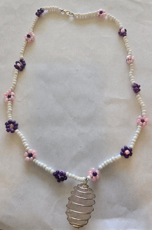 Rope style daisy chain  silver metal crystal holder and clear quartz