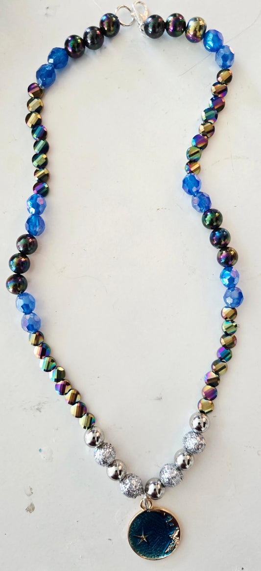 Hematite and silver beaded necklace with moon pendant