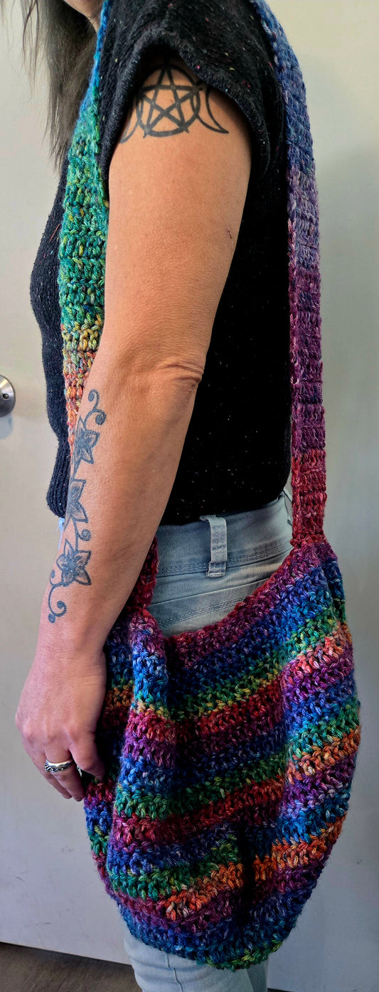 Multicolored purple crocheted boho handbag