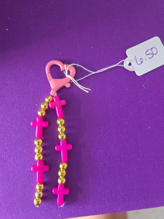 Pink cross gold beaded keychain