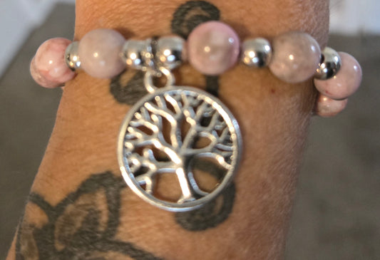 Pink Zebra Jade bracelet with tree of life pendant
