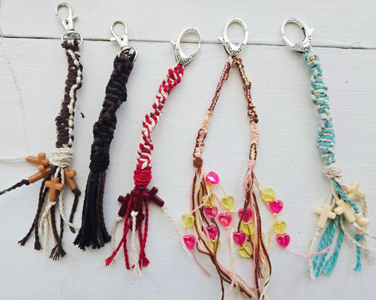Turquoise and cream macrame keychain with cross charms