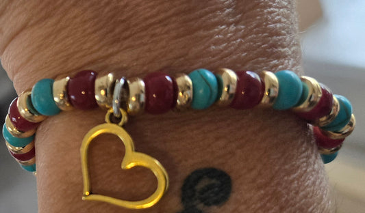 Turquoise and burgundy gold bracelet with gold heart pendant