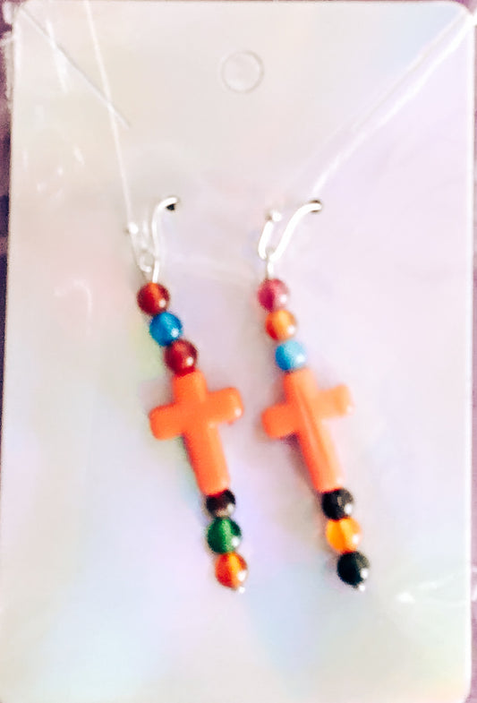 Orange cross with multi colored beads earrings