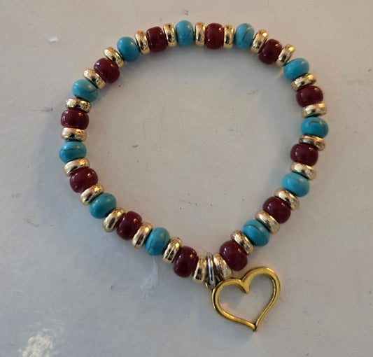 Turquoise and burgundy gold bracelet with gold heart pendant